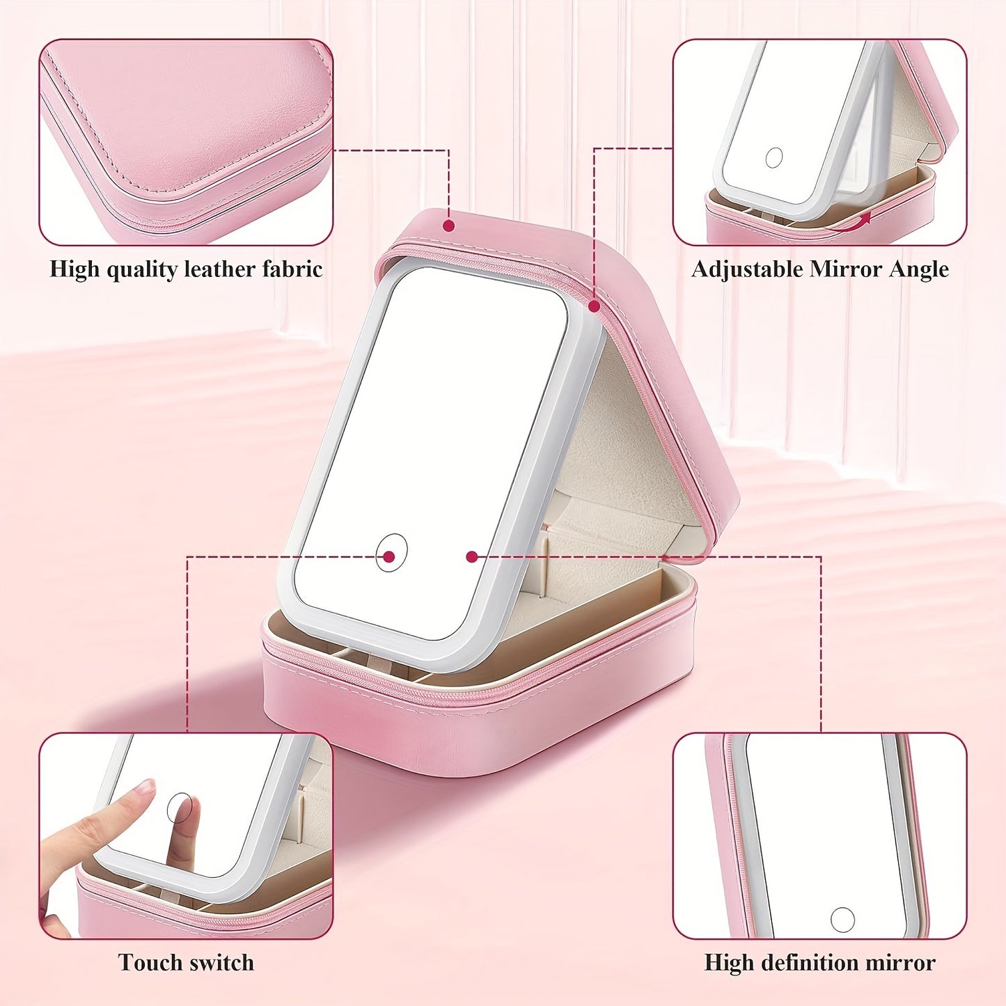 Multifunctional Travel Cosmetic Mirror Case – Portable Vanity Mirror with 3 Lights, LED Makeup Mirror, and Jewelry Storage Bag