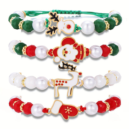 4pcs Festive Christmas Charm Bracelet Set - Santa, Reindeer & Gloves Designs with Soft Clay Beads and Drawstring Closure - Perfect Holiday Gift for Friends and Family