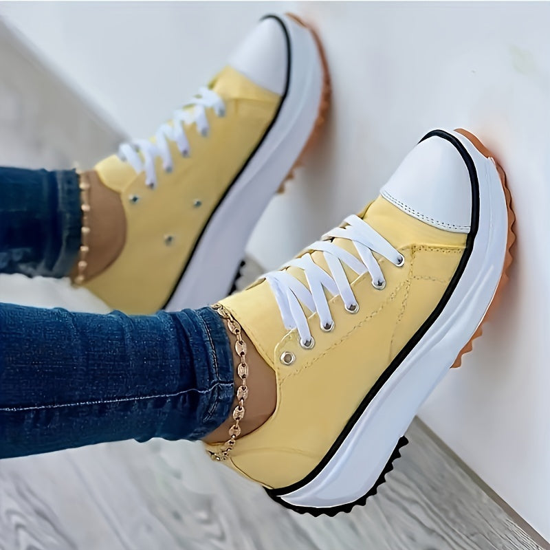 Stylish Chunky Canvas Sneakers for Women - Non-Slip, Lace-Up, Thick Sole, Breathable and Comfortable - Ideal for Daily Wear, Outdoor Activities, and Sports