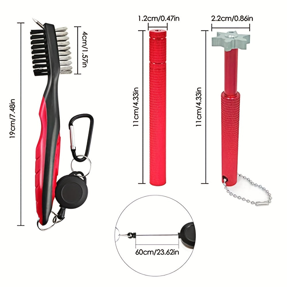 3pcs Retractable Golf Club Cleaning Set - Portable Brush with 2 Groove Sharpeners for U and V-Grooves on Irons