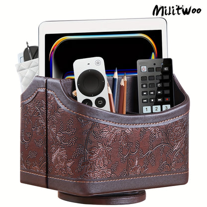 Militwoo 360° Rotating Remote Control Holder - PU Leather TV Remote Caddy Organizer with 5 Compartments for Pens, Pencils, Art Supplies, Makeup Brushes, Office Desk Accessories