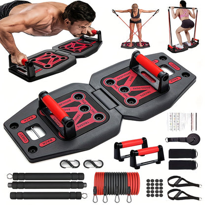 9 In 1 Push Up Board Set with 17 Fitness Accessories – Portable Home Gym Equipment for Strength Training – Includes Resistance Bands and Pilates Bar for Abs, Shoulders, Back, and Butt