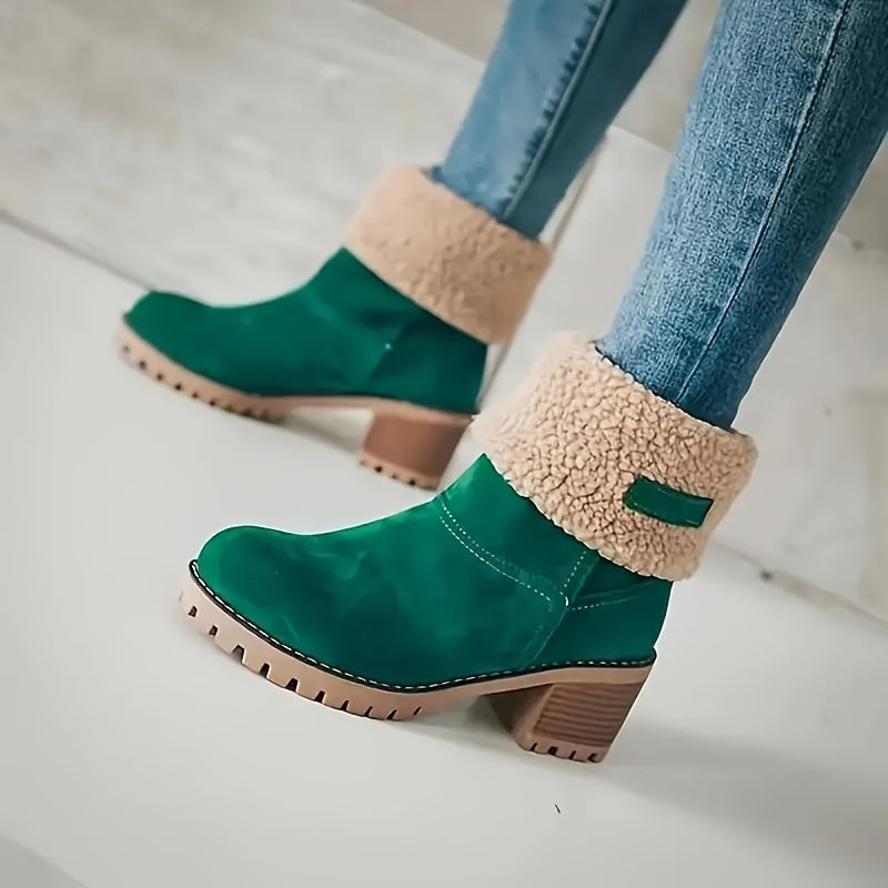 Vintage Style Women's Ankle Boots - Winter Casual, Chunky Heel, Plush Lining, TPR Sole, Hand Washable