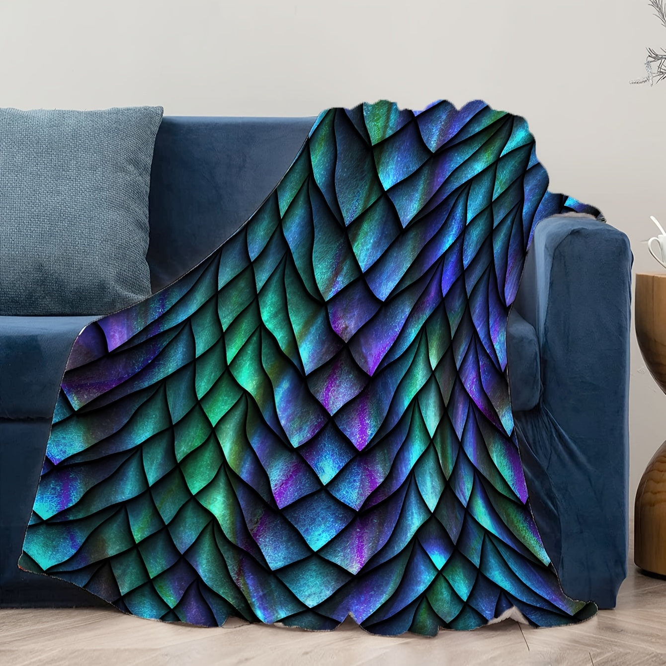 Tri-Color Dragon Scale Print Flannel Throw Blanket – Soft, Warm, Cozy for Couch, Bed, Office, and Travel – Versatile All-Season Gift