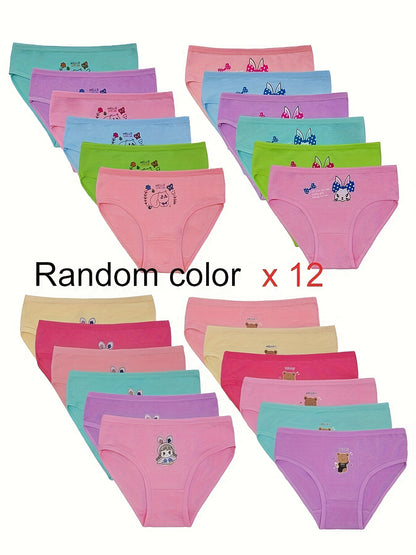 12pcs Adorable Girls' Cotton Briefs – Soft, Breathable, Elastic Waist with Cute Cartoon & Floral Patterns – Hand Wash Only, Regular Fit, All-Season Preppy Style