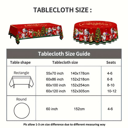 Merry Christmas Tablecloth - Waterproof and Stain-Resistant Polyester with Red and Golden Stars, Santa, Tree, Gingerbread and Snowman Designs, Ideal for Holiday Dining and Decor