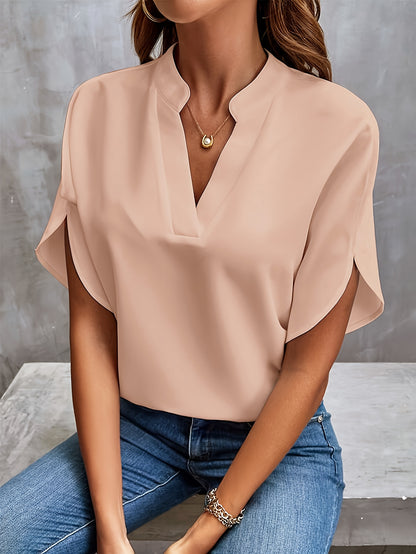 Lightweight Solid Color Notch Neck Blouse - Stylish Short Split Sleeves for Spring and Summer - Trendy Women's Casual Top