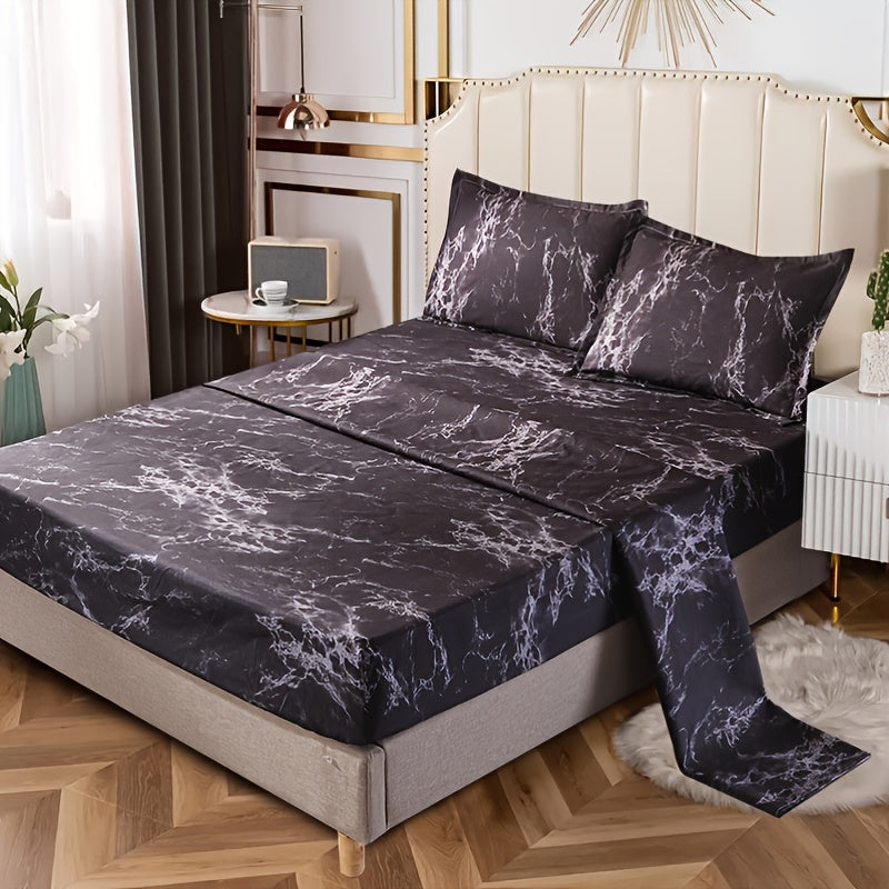 4 Piece Marble Brushed Fitted Sheet Set – Soft and Breathable Stone Pattern Bedding (1 Flat Sheet, 1 Fitted Sheet, 2 Pillowcases) for Bedroom and Guest Room