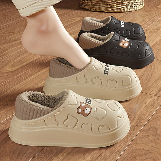 Cute Bear Plush Lined Waterproof Slippers - Cozy and Warm Slip-On Shoes for Winter - Ideal for Indoor and Outdoor Use