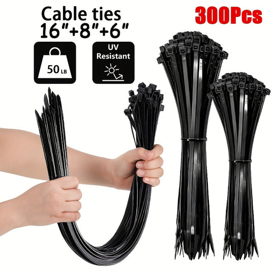 300pcs Heavy-Duty Nylon Cable Ties Set - Assorted Sizes 16"/8"/6", UV Resistant, Self-Locking, High Tensile Strength - Black Zip Ties for Home, Office, Industrial Cable Management