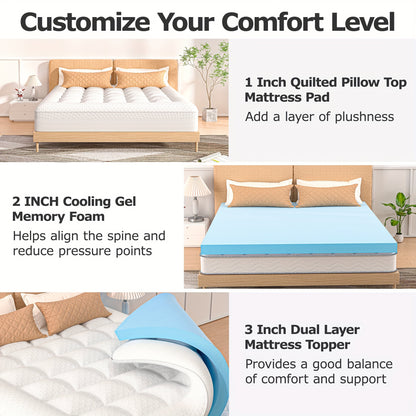 Guessky Queen Size Pillow Topper + Gel Memory Foam Mattress – 1 Inch Cooling Pillow Top and 2 Inch Gel Memory Foam, 3 Inch Dual Layer Topper for Pressure Relief and Soft Comfort