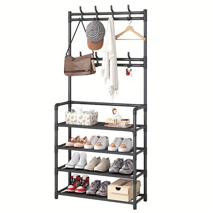 Coat Rack and Shoe Organizer Combo – Entryway Bench with Hooks, Hall Tree for Shoes, Clothes, Coats, Hats, Bags and Umbrellas – Home Storage Accessory