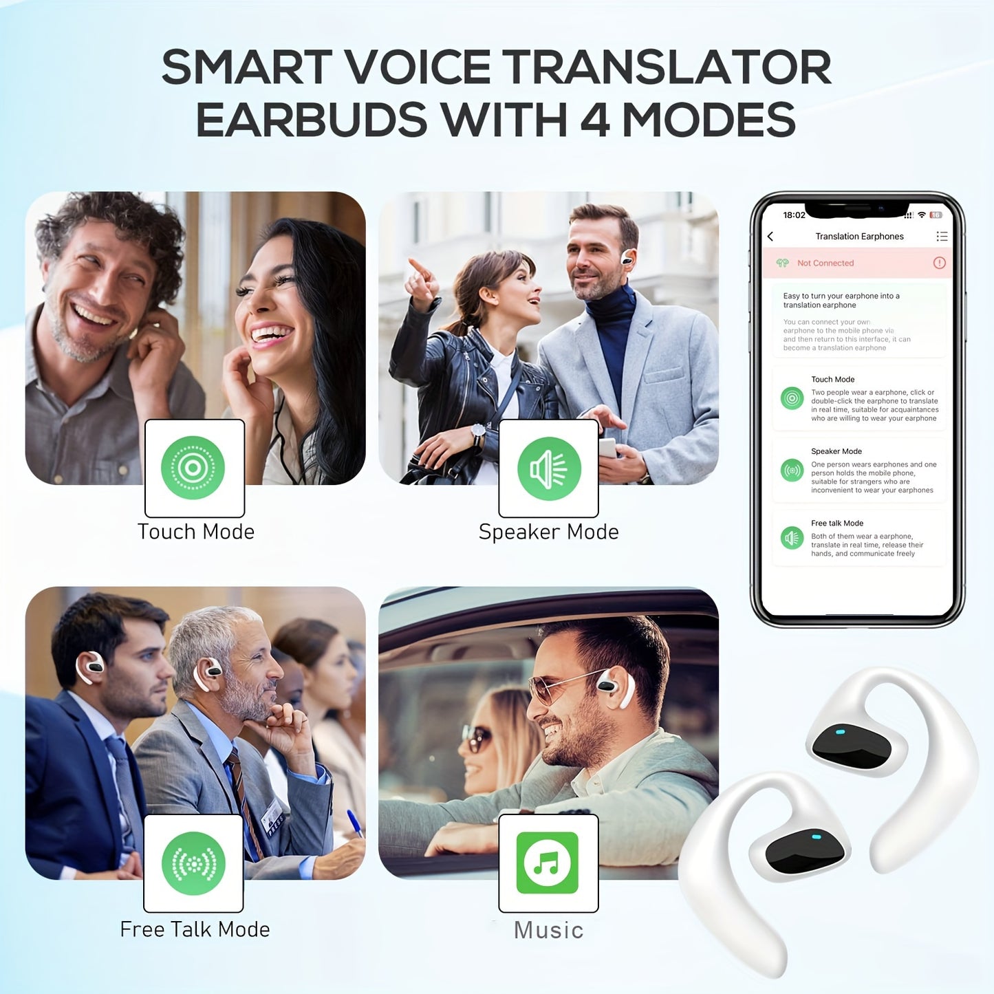 2 Way Real-Time Language Translator Earbuds – Supports 100+ Languages, USB Rechargeable, Long Battery Life – Ergonomic Design for Travel, Learning and Business