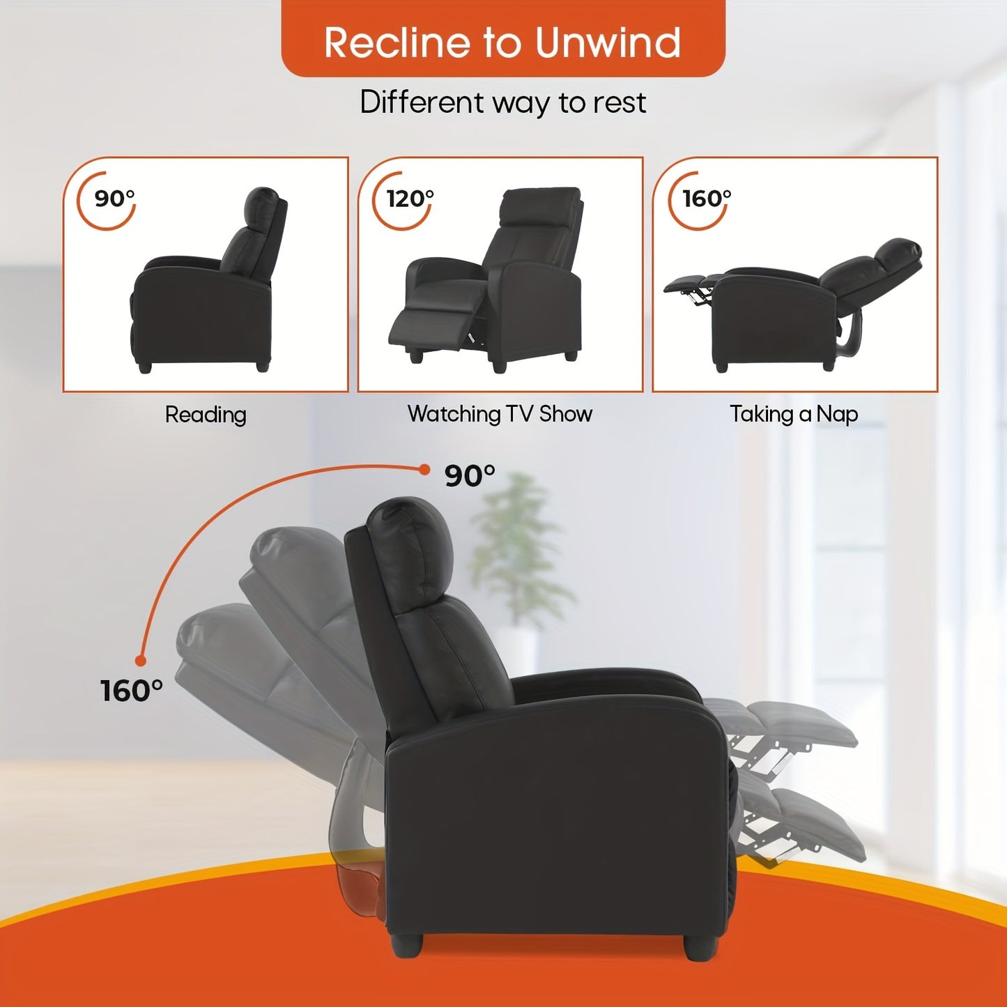 Recliner Chair for Living Room - Leather Single Sofa, Adjustable Modern Reclining Chair with Wooden Legs, Padded Seat and Backrest - Home Theater Furniture