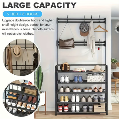 4/5 Layer Multi-Functional Metal Coat Rack with 8 Double Hooks – Space-Saving Storage Solution for Entryway, Living Room, Bathroom and Corridor – Independent Foyer Shoe Rack with Ample Storage