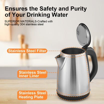 Electric Kettle – 1.8L Hot Water Boiler with Auto Shut Off & Boil-Dry Protection, Stainless Steel Double Wall, BPA Free, Cordless with Heating Base and LED Indicator