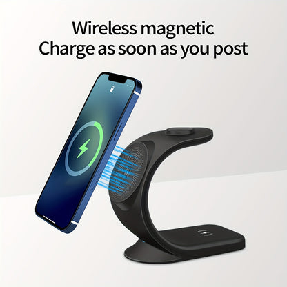 Triple Mode Magnetic Wireless Charger Stand - 3 in 1 Fast Charging for iPhone 16/15/14/13/12, iWatch SE/8/7/6/5/4/3/2, and AirPods, Compact and Safe Charging Solution