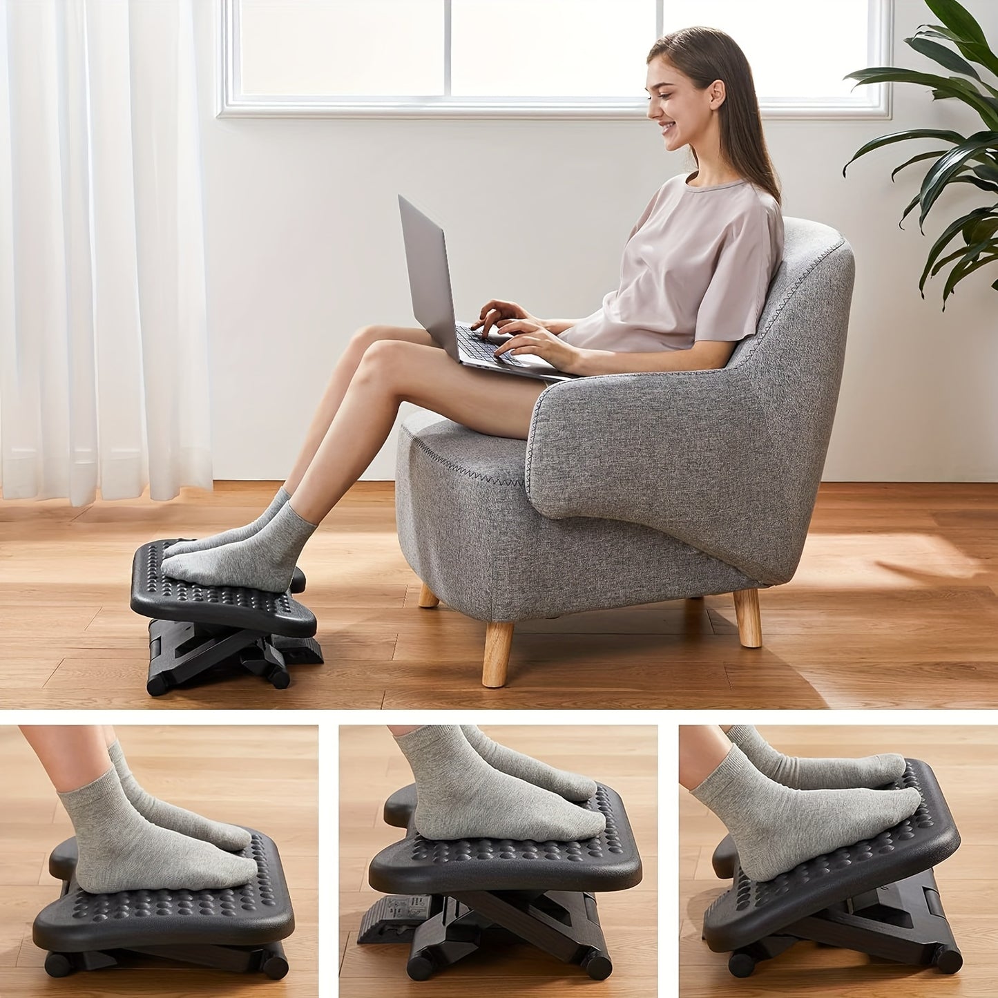 Adjustable Ergonomic Footrest with Air Spring Bracket – 4.4-19.8 Lb Load, Massage Roller, 3 Heights, 30° Tilt – Includes Single Display Arm for 13-32" Screen – Perfect Home Office Accessory and Christmas Gift