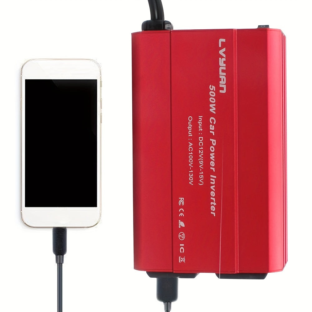 500W Car Inverter with Dual USB Ports - DC 12V to 110V AC Converter for Car Charging and Powering Devices