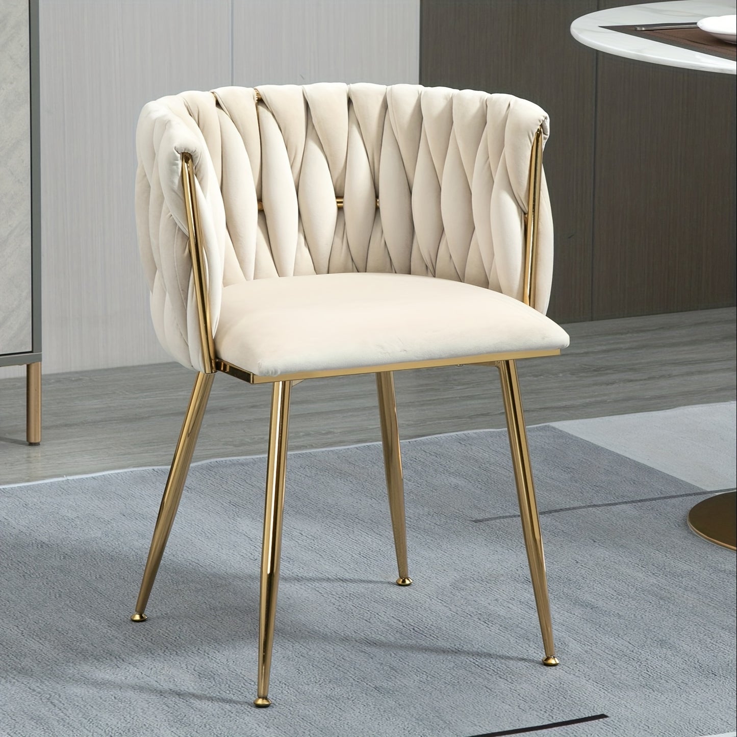 Velvet Dining Chairs Set of 2 – Woven Upholstered Chairs with Golden Metal Legs, Modern Accent Chairs for Living Room, Dining Room, and Kitchen