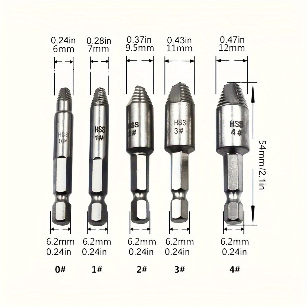 5Pcs Damaged Screw Extractor Set - High-Speed Steel Manual Metal Bolt Remover for Stripped Screws, Easy Out Drill Bits, No Electricity Needed