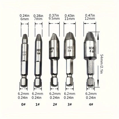 5Pcs Damaged Screw Extractor Set - High-Speed Steel Manual Metal Bolt Remover for Stripped Screws, Easy Out Drill Bits, No Electricity Needed