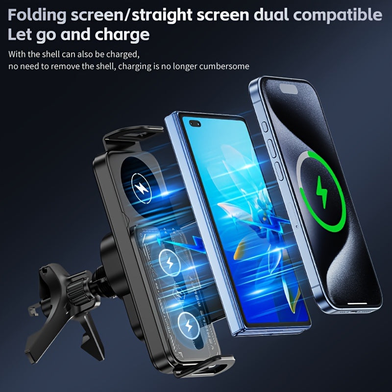 2024 New 2 in 1 Car Holder for Folding Screens - 15W Wireless Fast Charging, Automatic Rotating Magnetic Mount, Air Outlet Compatible, Ideal for Samsung Galaxy ZFold6