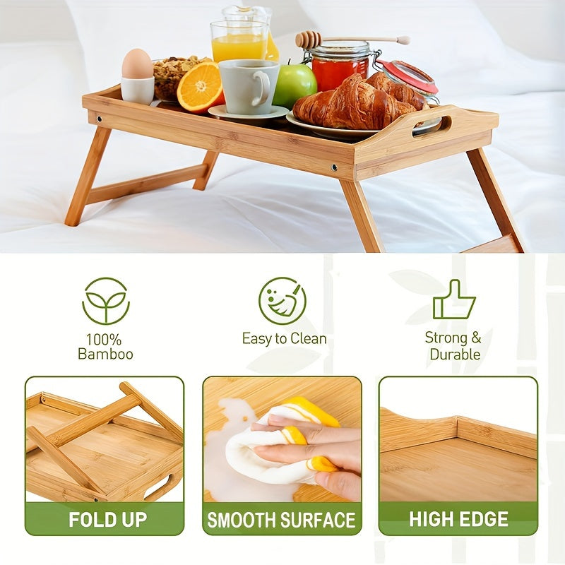 2 Pack Bamboo Bed Tray Tables with Handles – Folding Legs for Breakfast, Eating, Snacking and Working on Sofa or Bed