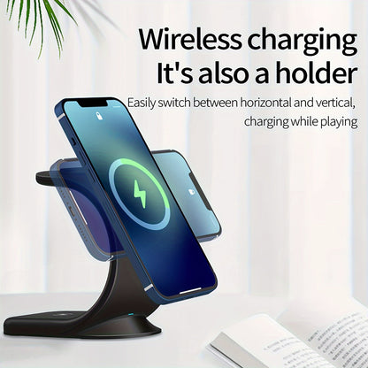 Triple Mode Magnetic Wireless Charger Stand - 3 in 1 Fast Charging for iPhone 16/15/14/13/12, iWatch SE/8/7/6/5/4/3/2, and AirPods, Compact and Safe Charging Solution