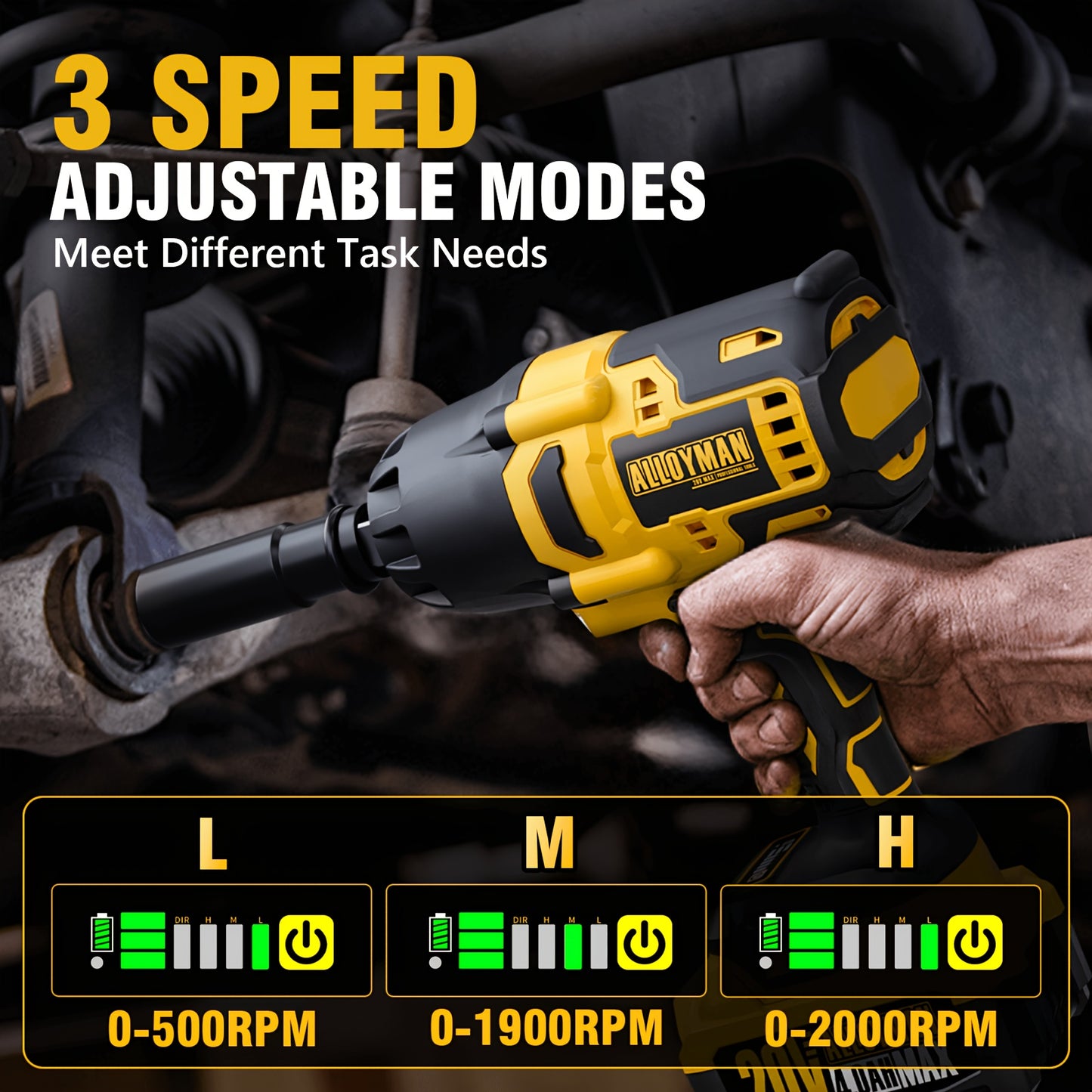 Alloyman Pro 20V 4.0AH Cordless Impact Wrench – 555 Ft-lbs Max Torque, 2000 RPM Brushless Motor, Includes 6 Sockets & 3 Extension Bars – 1 Hour Fast Charging, Long-Lasting Battery