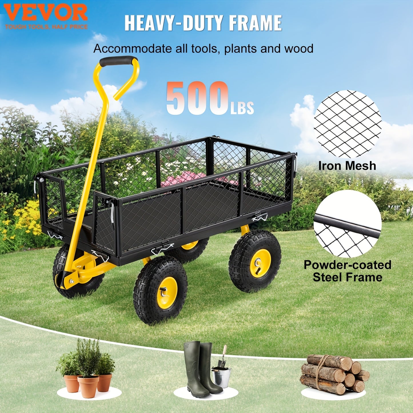 VEVOR Steel Garden Cart - Heavy Duty 500 lbs Capacity, Removable Mesh Sides, Converts to Flatbed, Utility Metal Wagon with 180° Rotating Handle and 10 in Tires, Perfect for Garden