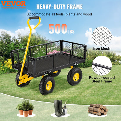 VEVOR Steel Garden Cart - Heavy Duty 500 lbs Capacity, Removable Mesh Sides, Converts to Flatbed, Utility Metal Wagon with 180° Rotating Handle and 10 in Tires, Perfect for Garden