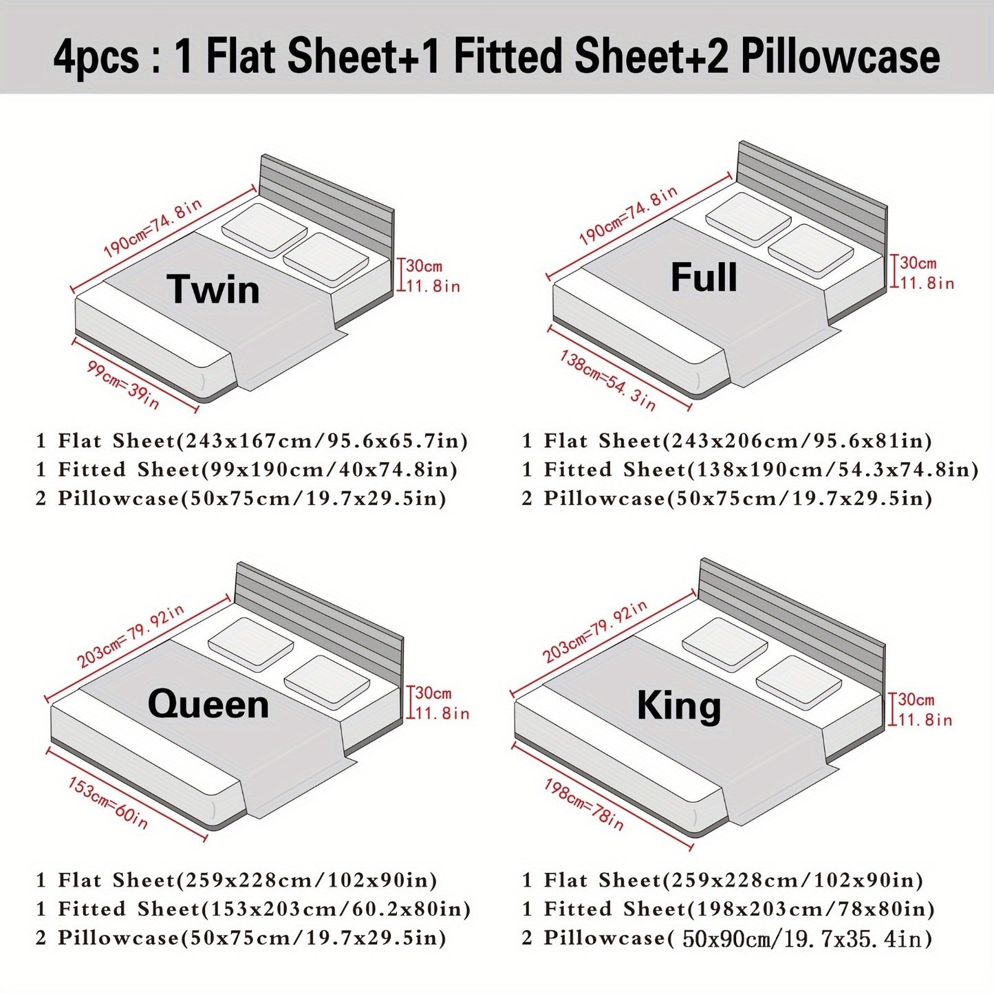 4 Piece Satin Sheet and Pillowcase Set - 100% Polyester, Machine Washable, Solid Color, Shrink-Resistant, Luxurious Smooth Fabric - Includes Fitted Sheet, Flat Sheet and 2 Pillowcases - All-Season Comfort