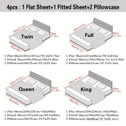 4 Piece Satin Sheet and Pillowcase Set - 100% Polyester, Machine Washable, Solid Color, Shrink-Resistant, Luxurious Smooth Fabric - Includes Fitted Sheet, Flat Sheet and 2 Pillowcases - All-Season Comfort