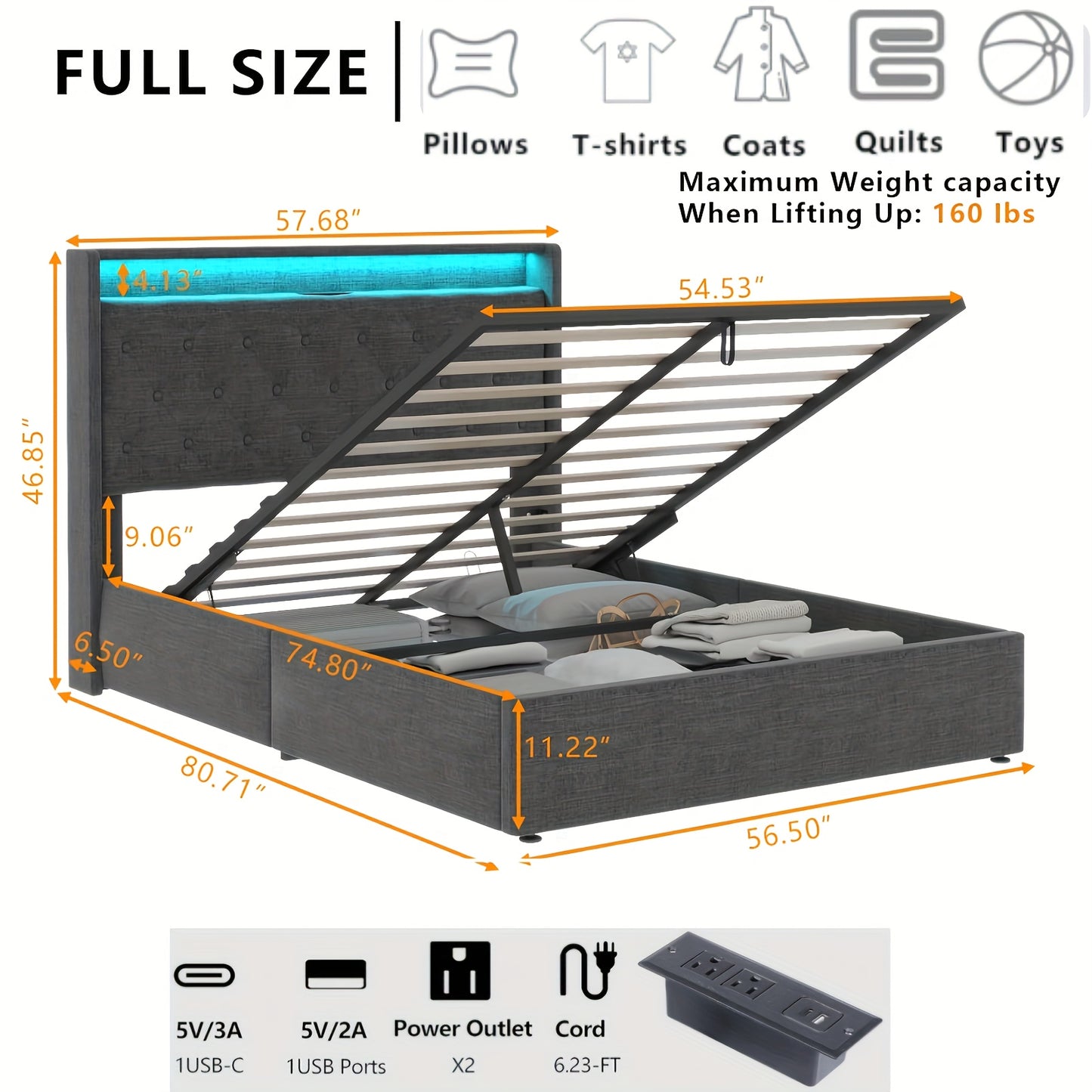 Queen/Full/King Size Luxurious Tufted Wingback Storage Bed – Hydraulic Lift, Ample Under-Bed Storage, Strong Wooden Slats Support – Noise-Free, Contemporary Upholstered Platform Bed Frame