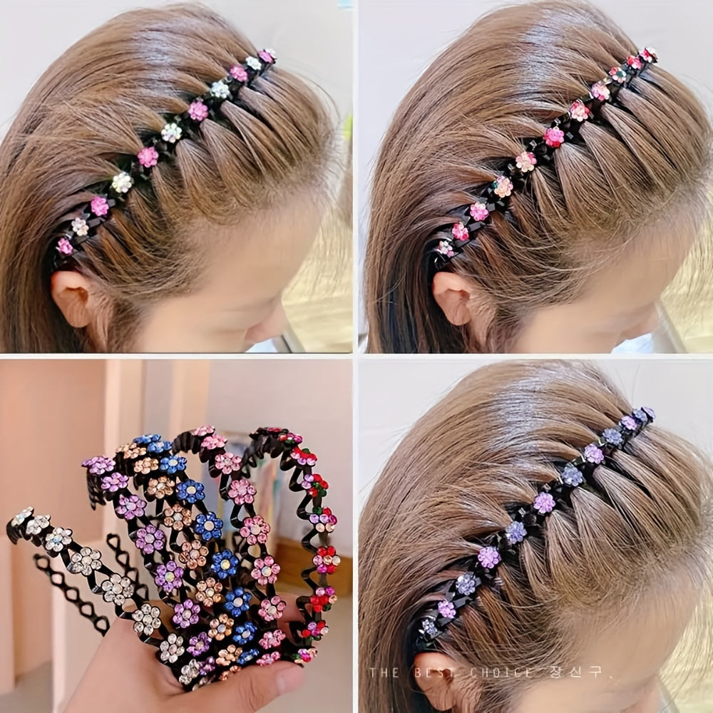 4pcs Elegant Rhinestone Flower Headbands - Non-Slip Hair Hoops for Women and Girls