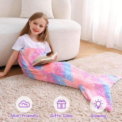 Glowing Mermaid Tail Blanket - Plush Wearable Blanket for Teens and Adults, Soft Flannel Fleece, Suitable for All Seasons, Perfect for Birthday Decorations