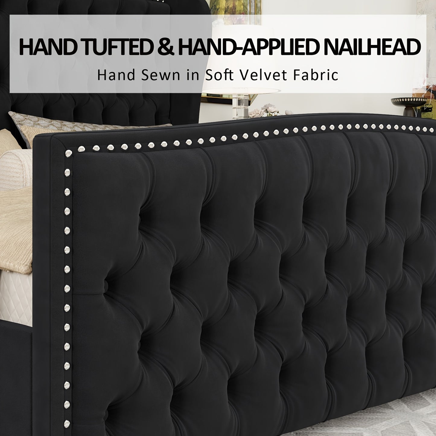 Luxurious Velvet Upholstered Platform Bed Frame - Deep Button Tufted, Nailhead Trim Wingback Headboard, No Box Spring Required, Sturdy Construction, Easy Assembly