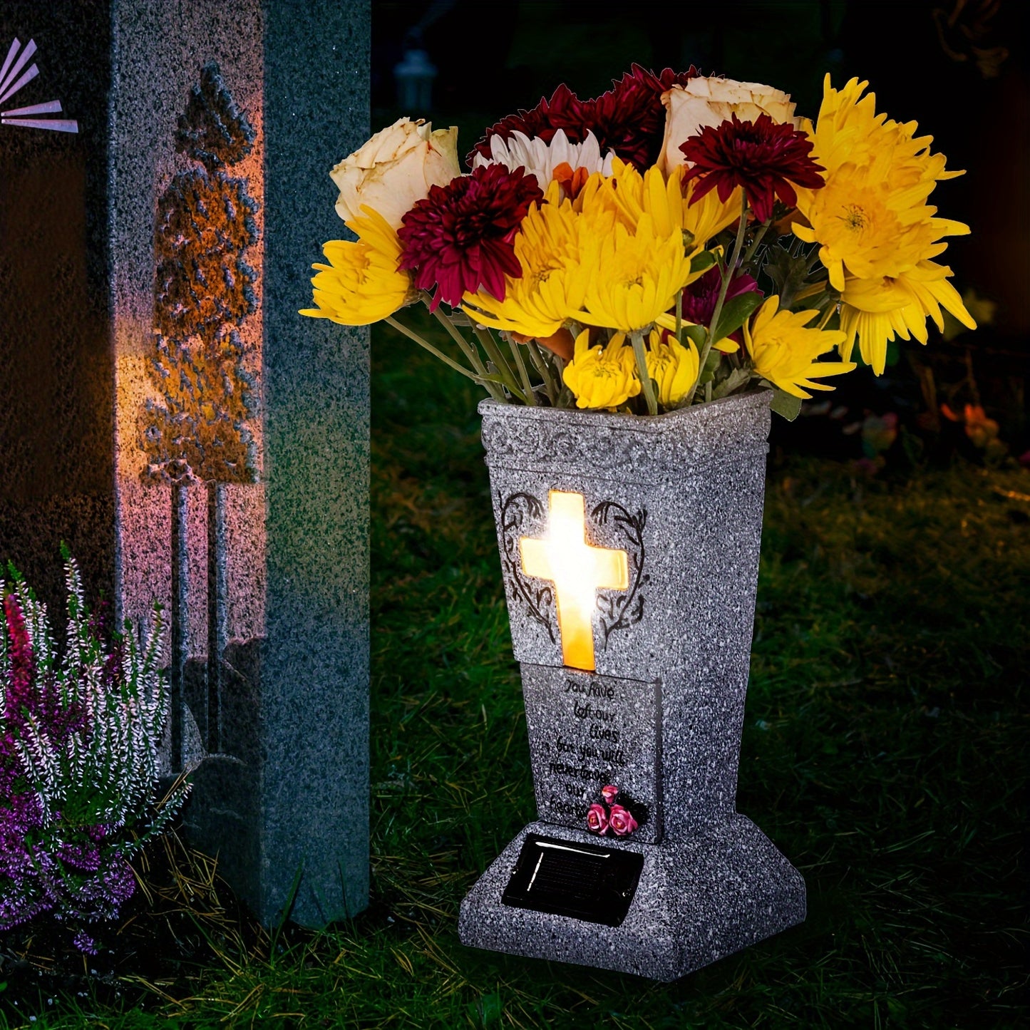 Solar Powered LED Cemetery Vase with Detachable Spike – Rechargeable, Weather-Resistant Memorial Gravestone Decoration for Fresh or Artificial Flowers – Thoughtful Memorial Gift