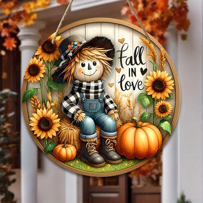 Charming Scarecrow and Fall Harvest Wooden Sign - 7.9"x7.9" Round Wreath Centerpiece for Door, Wall, Home, Porch, Garden Decor - Perfect for Autumn, Country, and Farmhouse Ambiance