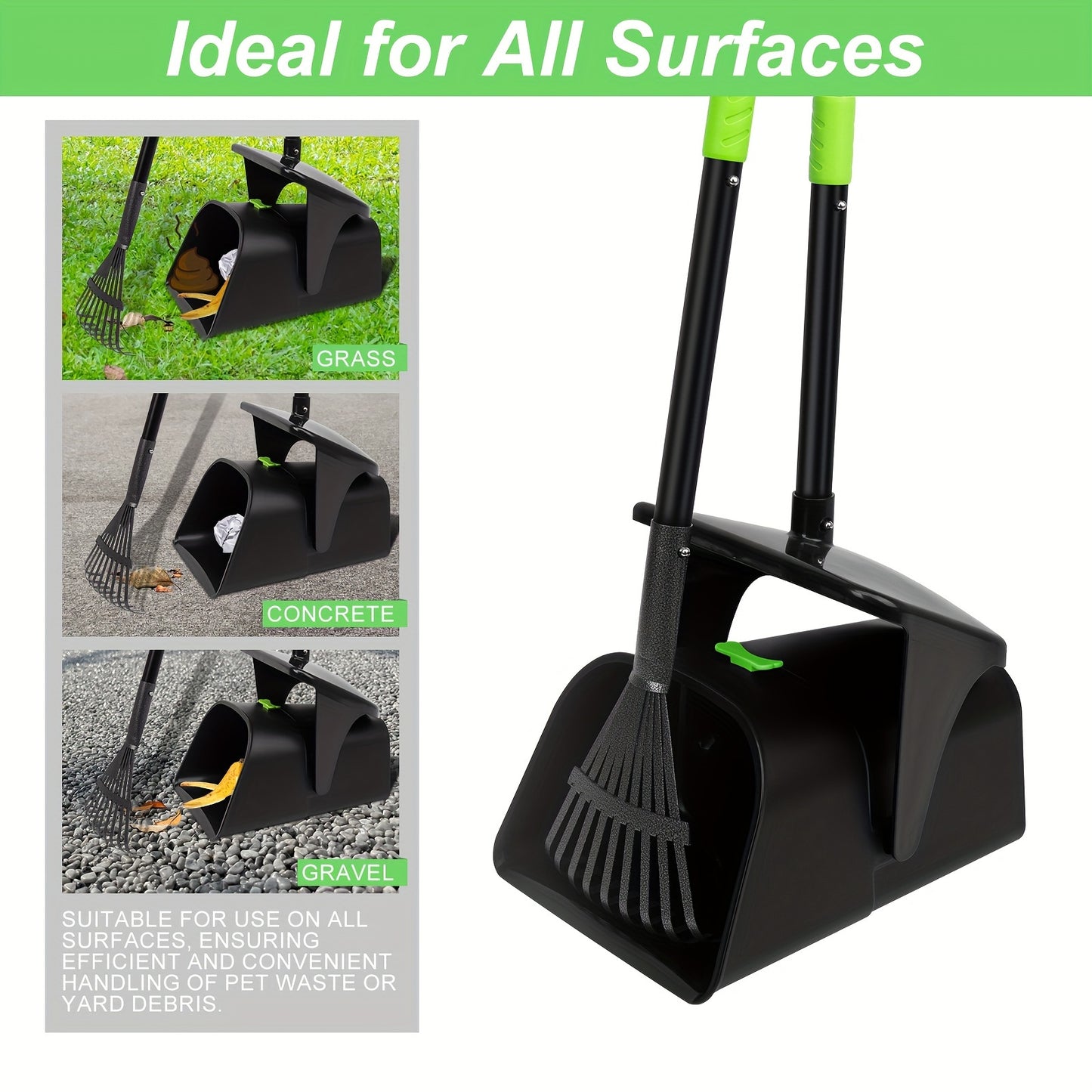 Heavy-Duty Pooper Scooper with Swivel Bin and  Rake - Long Handle for Medium/Small Dogs, Green