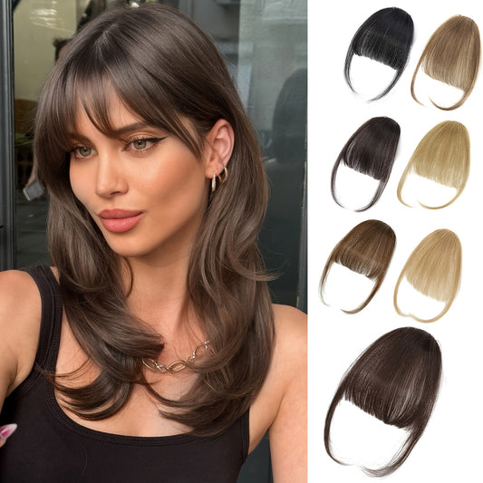 Clip-In Human Hair Bangs - Wispy Fake Fringe with Temples, Curved Hairpieces for Women, Daily Wear Clip-On Bangs