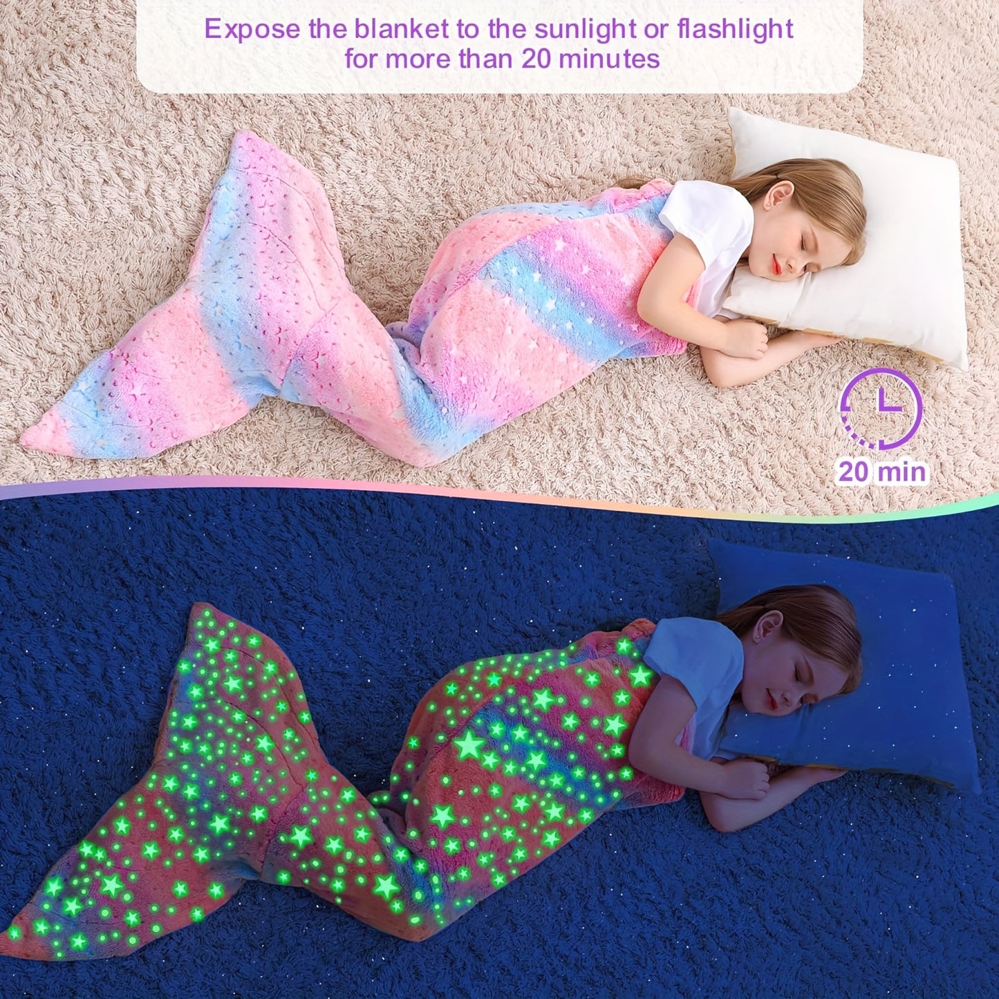 Glowing Mermaid Tail Blanket - Plush Wearable Blanket for Teens and Adults, Soft Flannel Fleece, Suitable for All Seasons, Perfect for Birthday Decorations