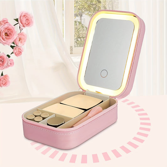 LED Lighted Makeup Bag with Mirror - Rechargeable Travel Cosmetic Case with Adjustable 3-Color Lighting - Organizer and Jewelry Box with LED Mirror for Travel and Gifts