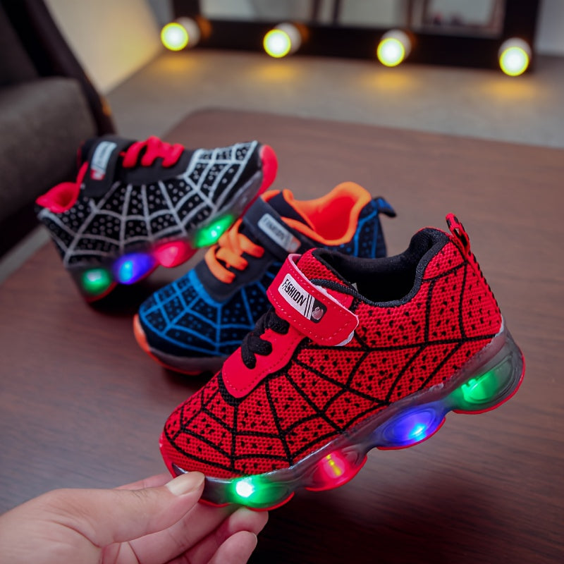 Casual Spider Net Woven Shoes with LED Lights for Boys – Breathable Non-Slip Sneakers for Walking, Running, and Training