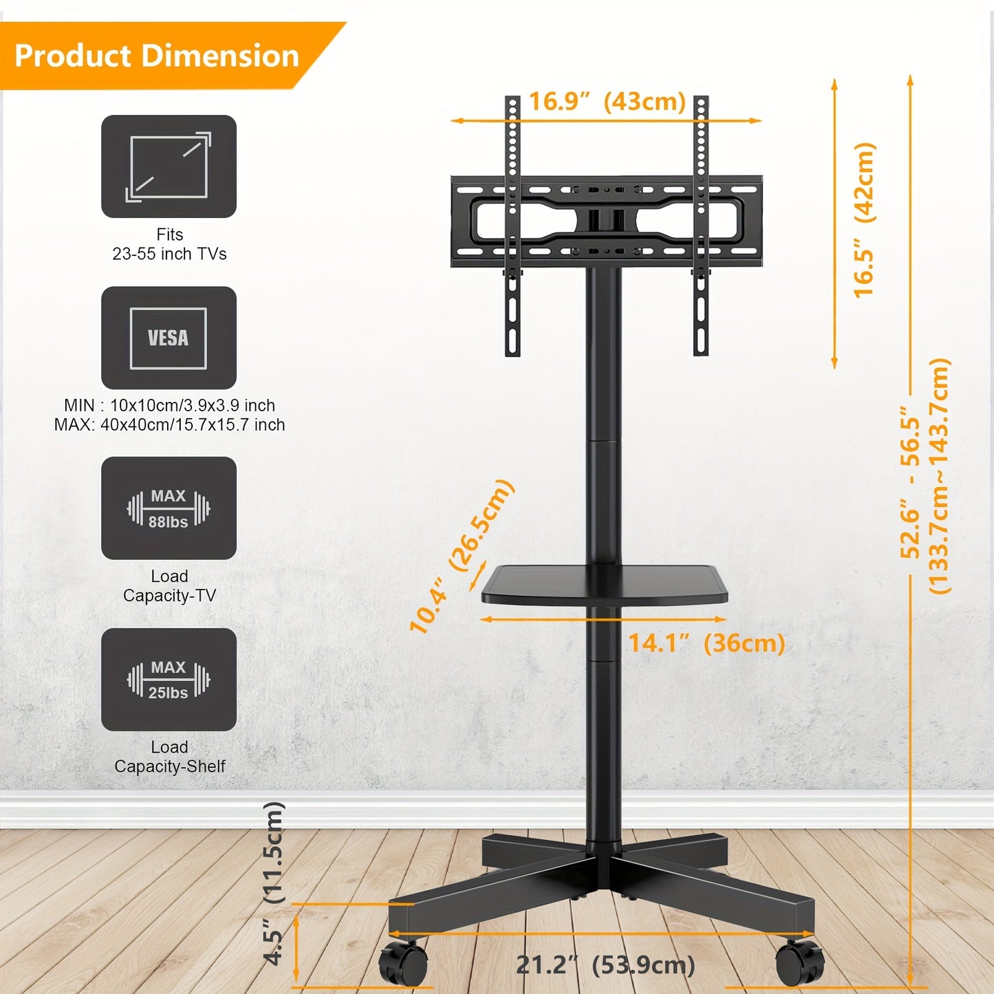 Universal Mobile TV Cart – Adjustable for 23-55 Inch TVs, Mute Wheels, Supports up to 88lbs