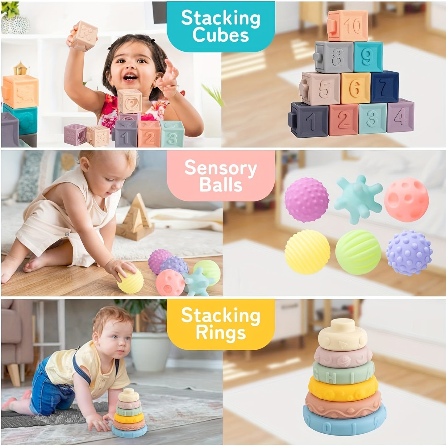 5 in 1 Baby Toys for 6-12 Months - Sensory Toys, Pull Strings, Stacking Blocks, Shapes & Teething Remote - Ideal for Toddlers 1-3, Perfect for Halloween and Christmas Gifts