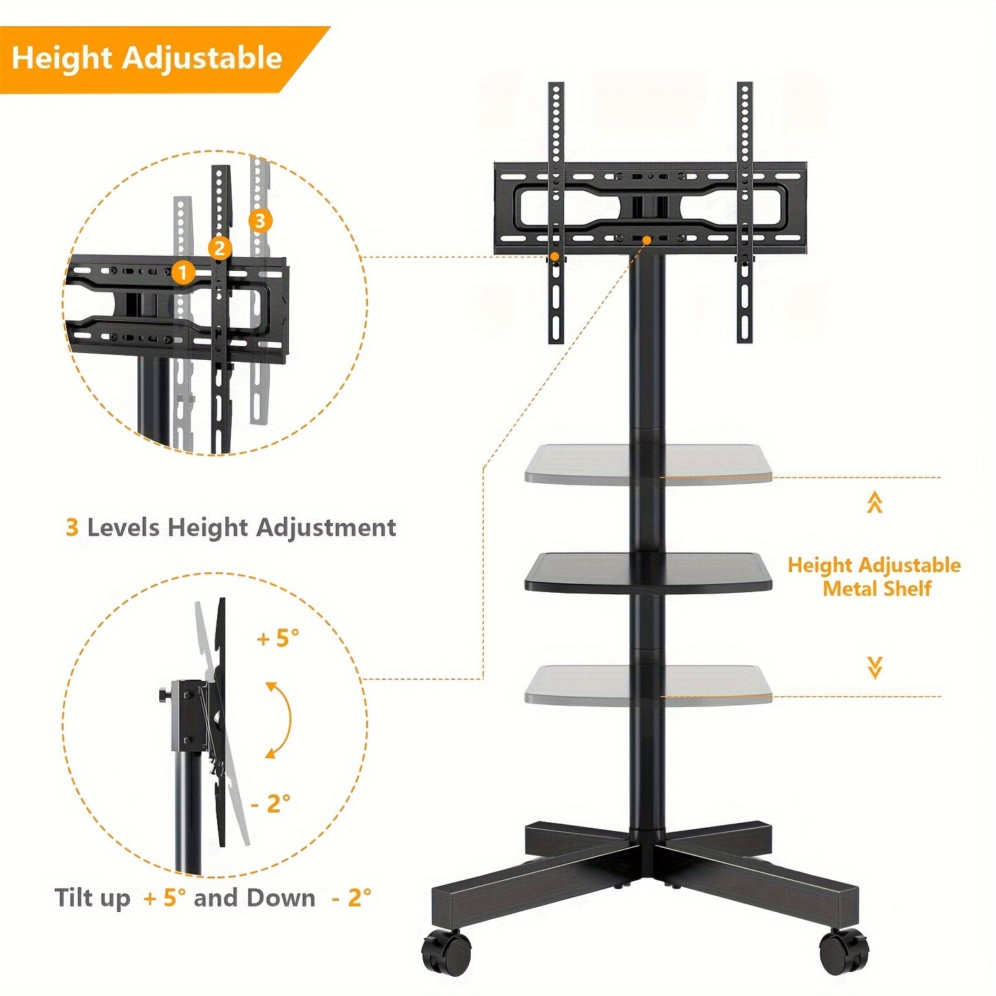 Universal Mobile TV Cart – Adjustable for 23-55 Inch TVs, Mute Wheels, Supports up to 88lbs