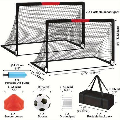 2pcs 6x4 Ft Portable Soccer Goals Set for Backyard - Stainless Steel Frame, Includes Ball, Cones, Pump & Carry Bag - Ideal for Youth & Family Training