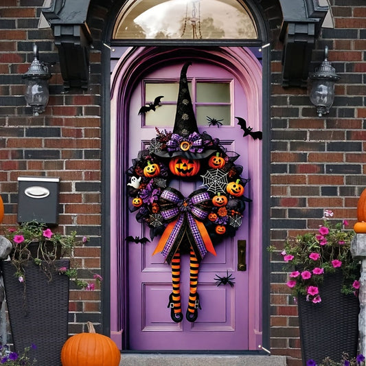 Halloween Door Cover – Witch Wreath Wizard Hat Design, Vertical Wall Hanging Curtain for Indoor and Outdoor Use (35.4" x 70.8")